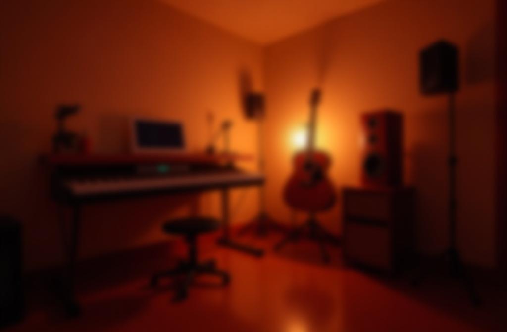 温かい照明の音楽スタジオの風景