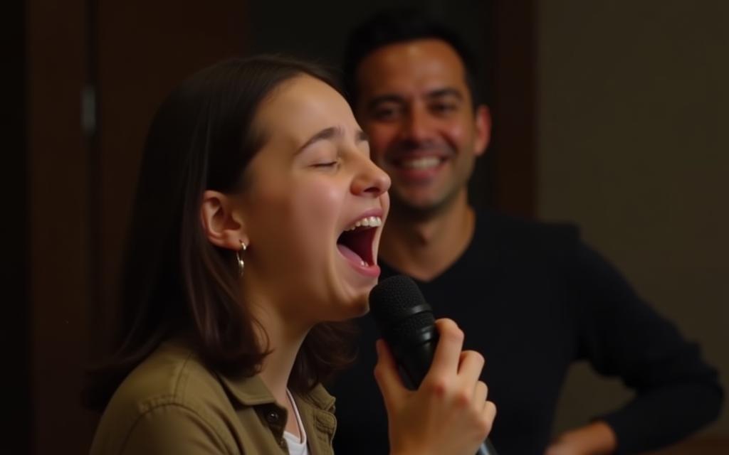 Student singing with instructor in the background, depicting passion and learning.